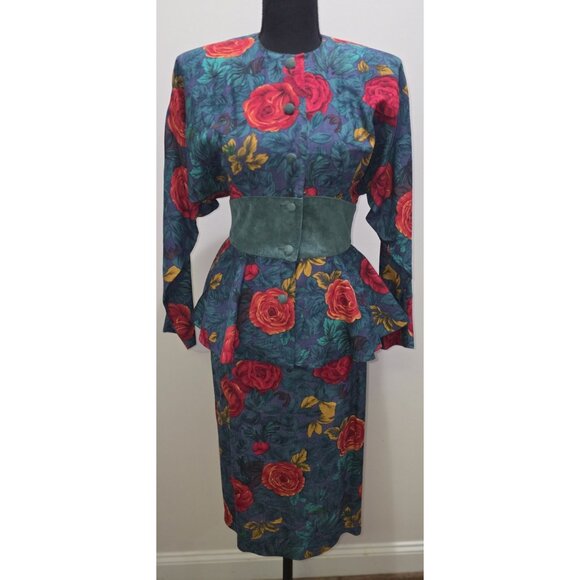 Vintage St Gillian Womens Silk Floral Faux Suede Dress Size 4 Classic Timeless - Picture 1 of 10